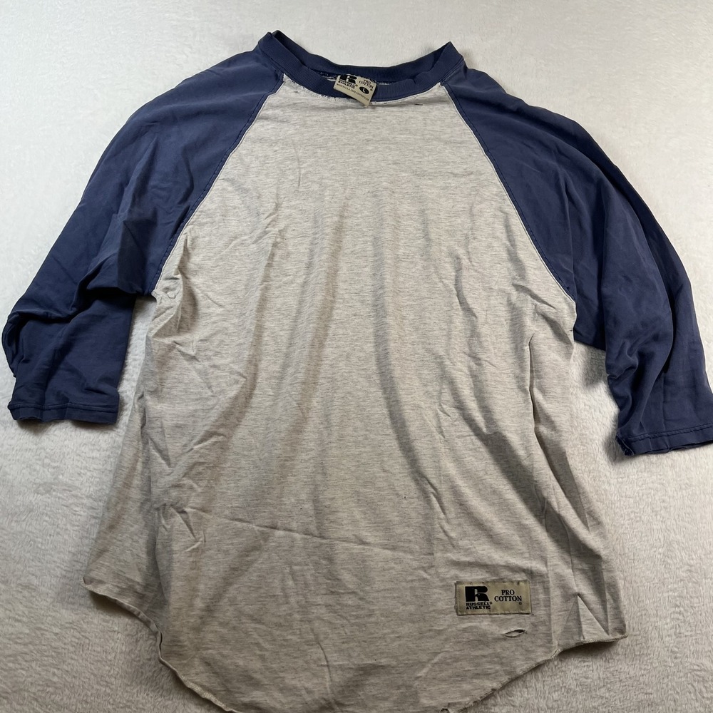 Vintage Russell Athletic Shirt Mens Large Gray Navy 3/4 Raglan Baseball Tee